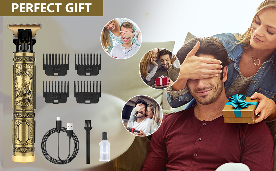 de style vintage avec des motifs ornés, comprenant plusieurs peignes, un câble de recharge et une