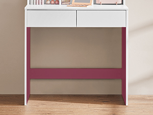 un bureau blanc avec un tiroir rose.