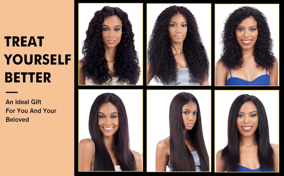 Affichage de six styles d'extensions de cheveux sur les modèles. Montre une variété de textures, des plus droites aux plus frisées. Le texte indique « Faites-vous mieux plaisir » et « Un cadeau idéal pour vous et votre bien-aimé