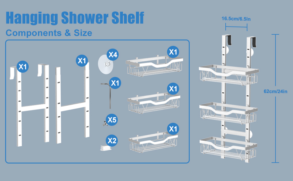 Schéma de montage d'une étagère de douche suspendue. Affiche les composants, notamment les poteaux verticaux, les paniers et les connecteurs. Illustre une configuration à trois niveaux avec des dimensions de 82 cm/24 pouces de hauteur et 16,5 cm/6,5 pouces de profondeur