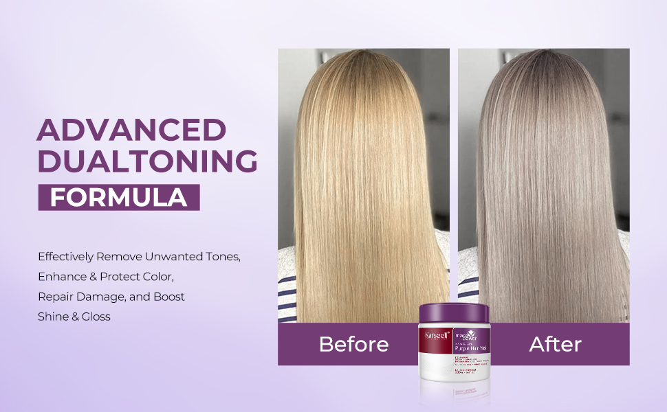 Publicité de produits capillaires montrant des images avant et après de cheveux blonds. L'image de gauche montre une blonde aux tons chauds, la droite montre une blonde aux tons froids. Le texte violet décrit la formule de dualtonisation avancée