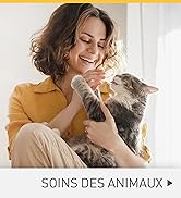 Le texte se lit comme suit : « SOINS DES ANIMAUX ». L'image montre une personne en pull jaune avec un chat gris, affichant une interaction affectueuse dans un cadre intérieur lumineux.