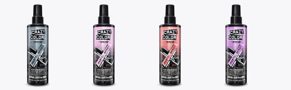 Quatre flacons pulvérisateurs noirs avec des motifs d'étiquettes violets et roses disposés en rangée sur fond blanc.