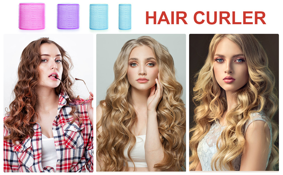 présentant des outils de bouclage cylindriques roses, violets et bleus avec démonstration de différents résultats de coiffure ondulée.