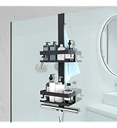 avec deux étagères fixées à une paroi en verre. Peut contenir divers produits de salle de bain, du luffa et une serviette. Dispose d'un rail inférieur pour un rangement supplémentaire.