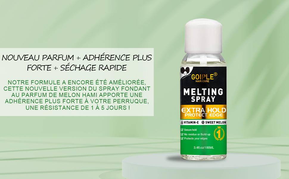 Bouteille blanche avec étiquette verte sur fond vert clair. Produit pour l'adhérence des perruques avec une formule améliorée, une tenue plus forte et un séchage rapide.