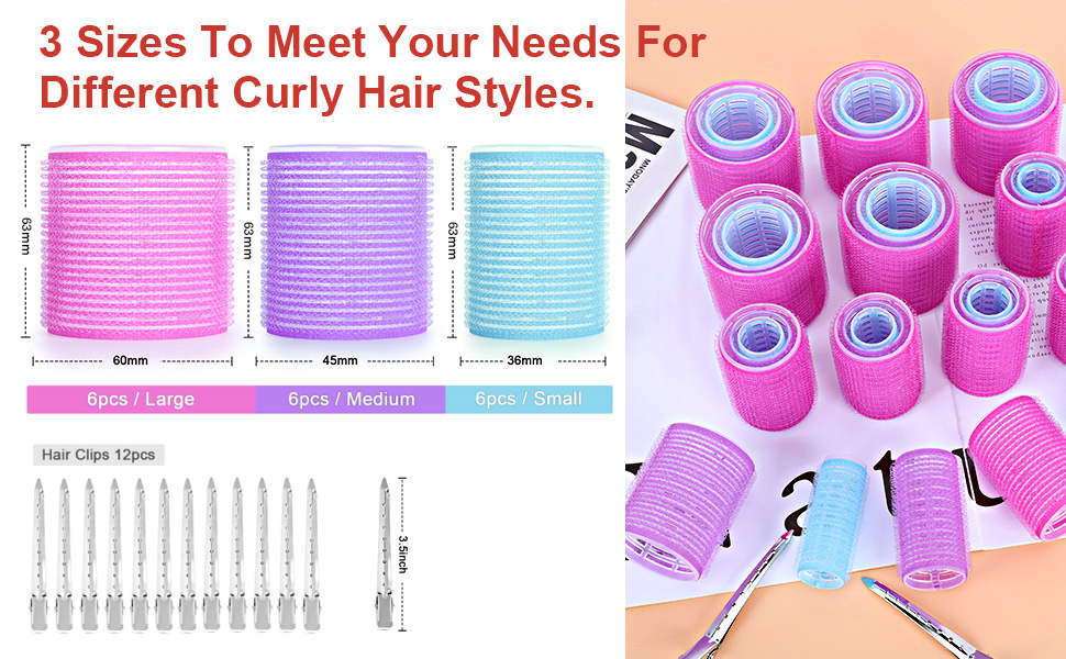 en rose, violet et bleu, avec trois tailles disponibles pour différents styles de cheveux bouclés. Comprend des clips métalliques pour la fixation.