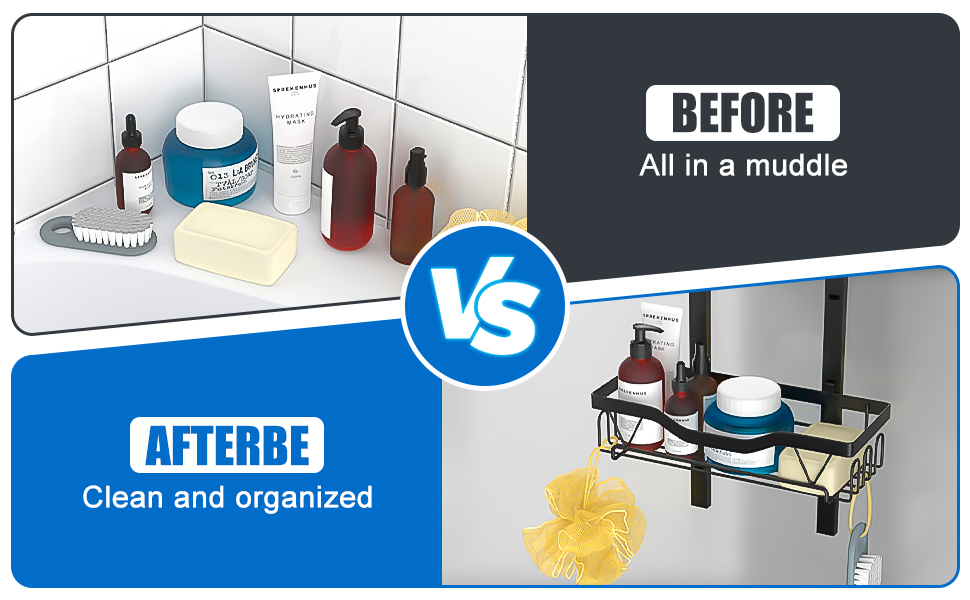 Comparaison avant et après de l'organisation de la salle de bain. « Avant » indique un coin encombré, « Après » affiche des articles de toilette soigneusement rangés sur