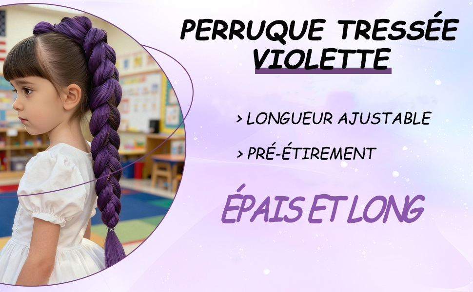 Le texte se lit comme suit : « PERRUQUE TRESSÉE VIOLETTE », « LONGUEUR AJUSTABLE », « ÉPAIS ET LONG », « PRÉ-ÉTIREMENT ». Image promotionnelle montrant une perruque tressée violette à longueur ajustable.