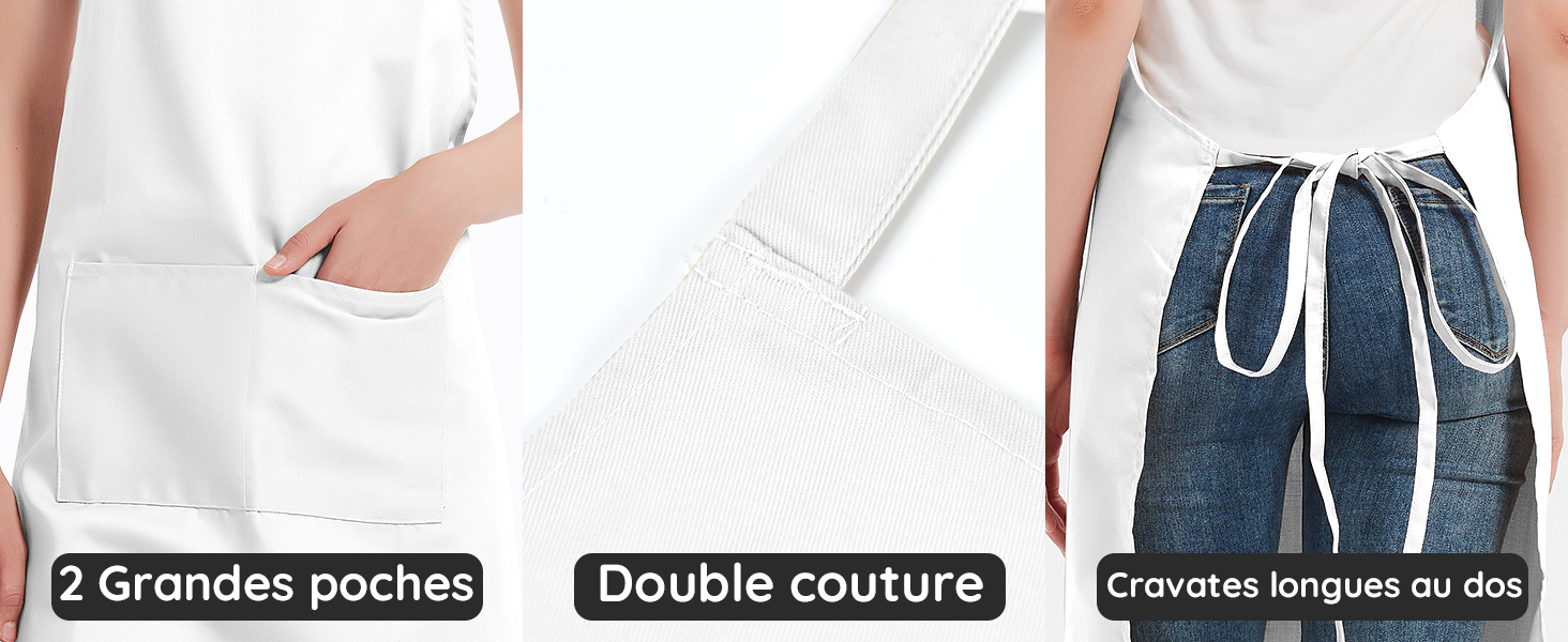 Image à trois panneaux mettant en valeur les caractéristiques du tablier : grandes poches avant, doubles coutures renforcées sur les bretelles et longs liens à l'arrière
