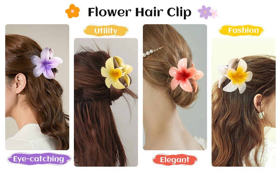 Quatre pinces à cheveux différentes en forme de fleur de plumeria de couleurs jaune, violet, rose et orange, présentées dans différentes positions de coiffage