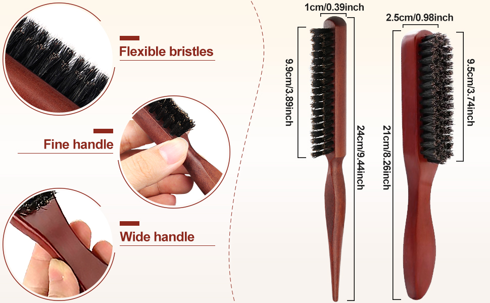 Brosse à cheveux à poils flexibles, manche fin et manche large. Les mesures détaillées indiquent une longueur de 24 cm, une longueur de poils de 2,5 cm et une largeur de manche