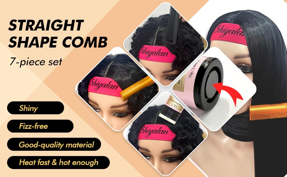Le texte indique « STRAIGHT », « SHAPE PEB », « Set de 7 pièces », « Brillant », « Sans frisottis », « Matériau de bonne qualité », « Chauffe rapidement et assez chaud ». Démonstration du produit montrant les effets des outils de coiffure.