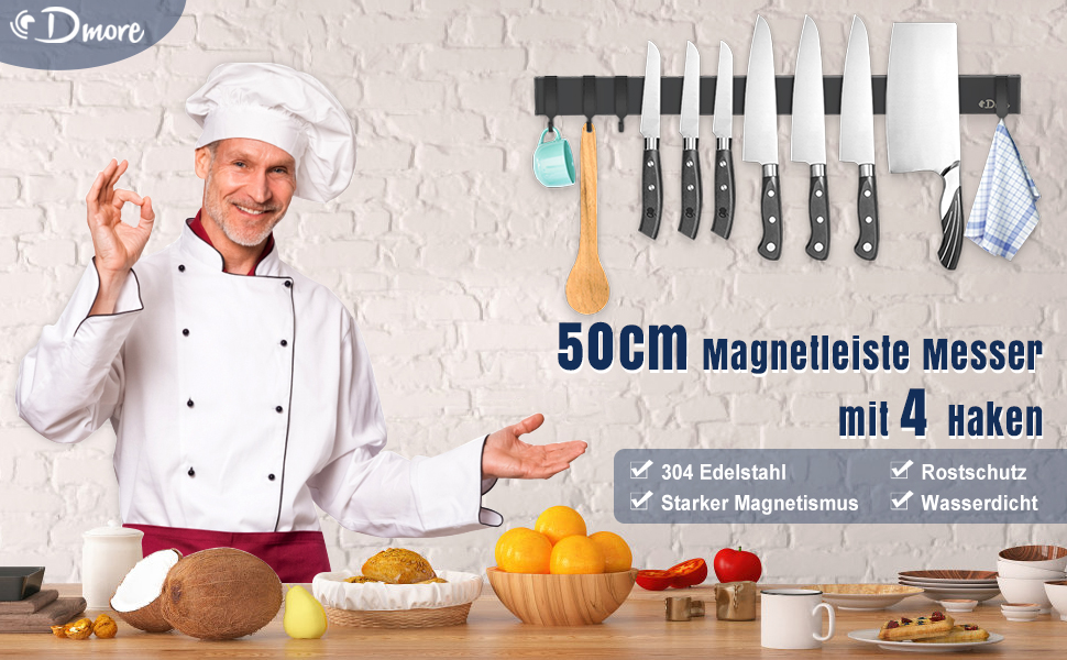 de 50 cm avec 4 crochets, présentant des couteaux de cuisine montés. Les caractéristiques du produit incluent une construction en acier inoxydable et un magnétisme puissant