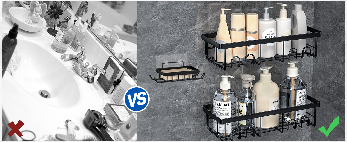 Comparaison côte à côte entre un lavabo encombré et des étagères de salle de bain organisées. Les étagères murales en métal noir contiennent des articles de toilette et des distributeurs de savon assortis soigneusement disposés sur un fond