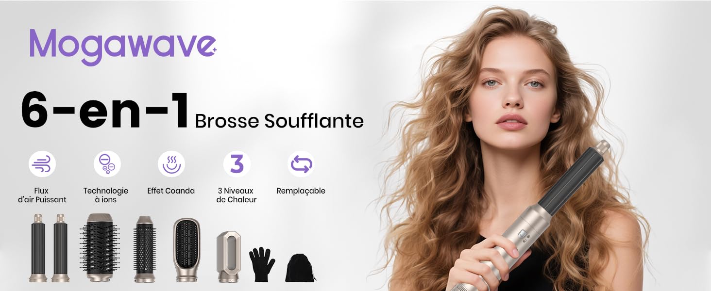 Le texte se lit comme suit : « Mogawave 6-en-1 ». Photo du produit montrant les accessoires de coiffage pour outil de coiffure avec 6 têtes interchangeables différentes et les accessoires présentés en couleur noire.