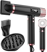 Plusieurs vues d'un sèche-cheveux professionnel noir aux accents rouges et de divers accessoires, notamment un diffuseur et des buses concentratrices.