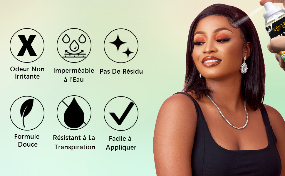 Caractéristiques du produit : odeur non irritante, imperméable à l'eau, aucun résidu, formule douce, résistante à la transpiration, facile à appliquer. Les icônes illustrent ces propriétés.