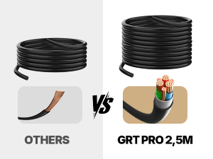Le texte indique « AUTRES » et « GRT PRO 2.5 M ». Image de comparaison montrant deux types de tuyaux extensibles noirs côte à côte.
