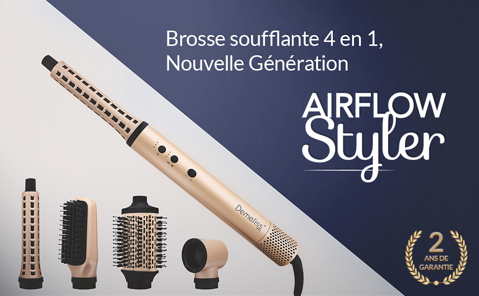 Airflow Styler, un outil de coiffure 4 en 1 avec accessoires interchangeables. Corps principal doré avec différentes têtes de brosse affichées