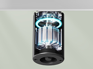 Appareil cylindrique noir avec éclairage bleu interne et composants métalliques visibles à travers des sections transparentes.