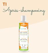 Flacon de revitalisant étiqueté orange avec le texte « Après-shampooing », avec des éléments de design à base d'ingrédients naturels sur fond beige