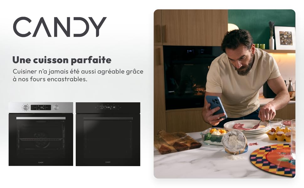 Le texte indique « CANDY » et « Une cuisson parfaite ». Série d'images montrant la préparation de la cuisine et la préparation de plats dans des cuisines.