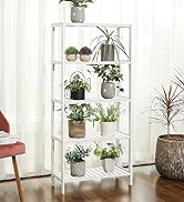 avec plusieurs plantes et herbes en pot. Étagère présentée dans un décor intérieur lumineux et minimaliste