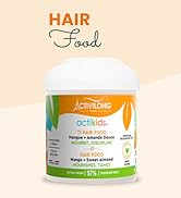 Contenant blanc de produit alimentaire pour cheveux Activilong avec texte orange et graphiques de feuilles sur fond pêche