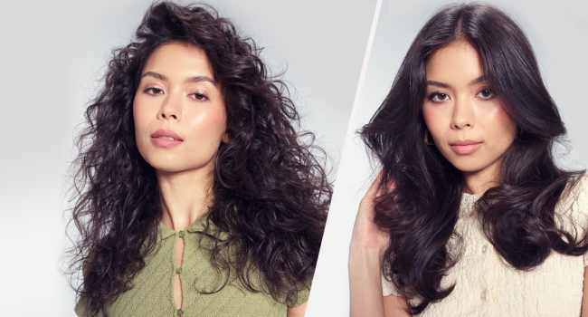 Plusieurs vues montrant des cheveux noirs bouclés à différents stades, démontrant la progression et le volume de la coiffure.