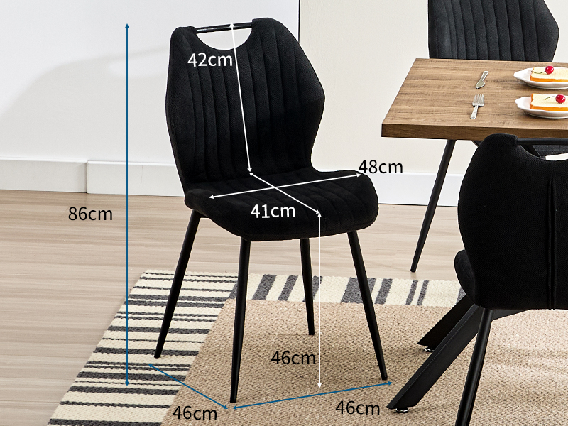 avec des mesures détaillées : 86 cm de hauteur, 42 cm de largeur, 48 cm de profondeur, avec design en tissu côtelé