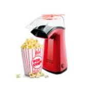 Petite machine à pop-corn rouge avec un contenant à pop-corn rayé blanc et rouge à côté