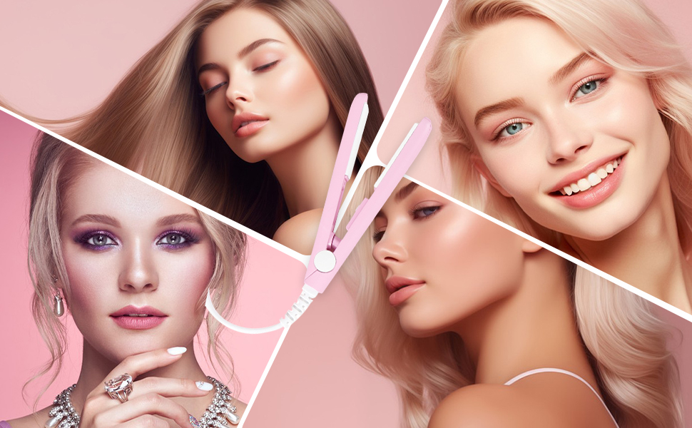 Publicité de produit de beauté teintée en rose montrant des outils de coiffage sur un fond rose doux avec une conception de panneau en diagonale