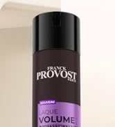Le texte se lit comme suit : « FRANCK PROVOST » et « LAQUE VOLUME ». Les images des produits montrent des bouteilles de produits capillaires noires avec des accents violets.