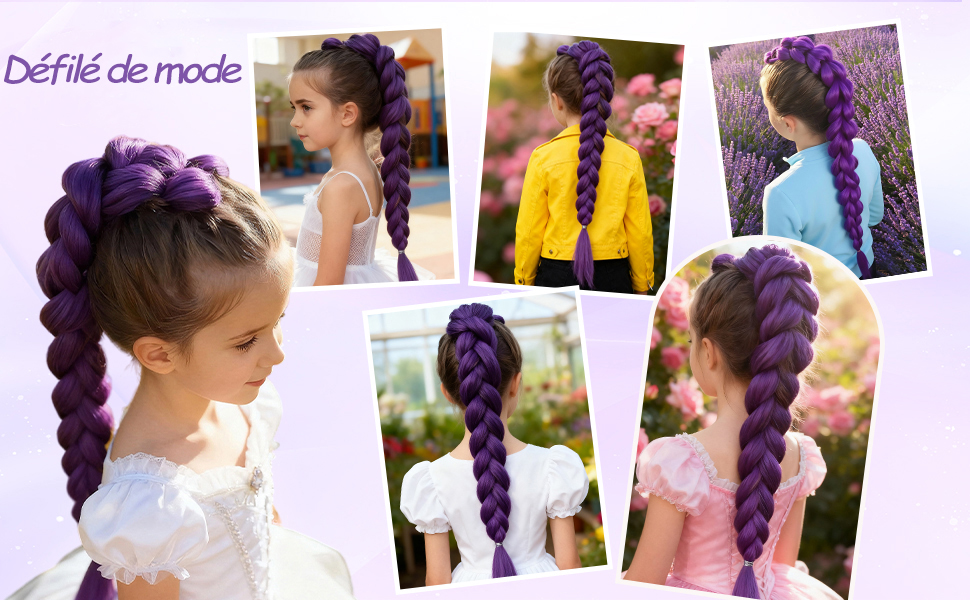Le texte indique « Défilé de mode ». Collage montrant plusieurs vues de coiffures tressées violettes et jaunes éclatantes sur des fonds clairs.