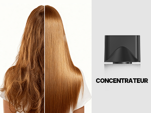 Le texte indique « CONCENTRATEUR ». Plusieurs vues de cheveux longs et raides dans des tons bruns chauds montrés sous différents angles sur des fonds neutres.