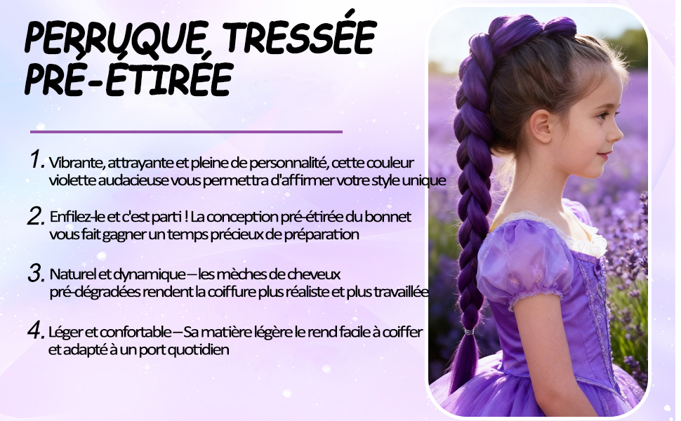 Le texte indique « PERRUQUE TRESSEE » et « PRE-ETIREE ». Les étapes d'instructions sont présentées en français avec des points numérotés expliquant une procédure liée à la coiffure.
