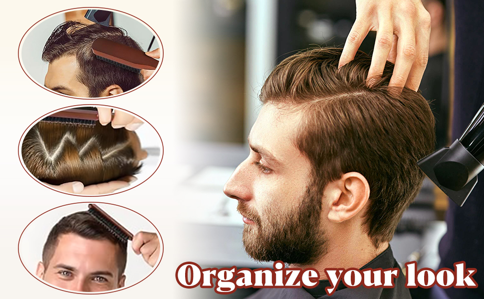 montrant les trois étapes de la coupe de cheveux pour hommes. L'image principale montre un styliste travaillant sur les cheveux du client. Texte « Organisez votre look » en bas