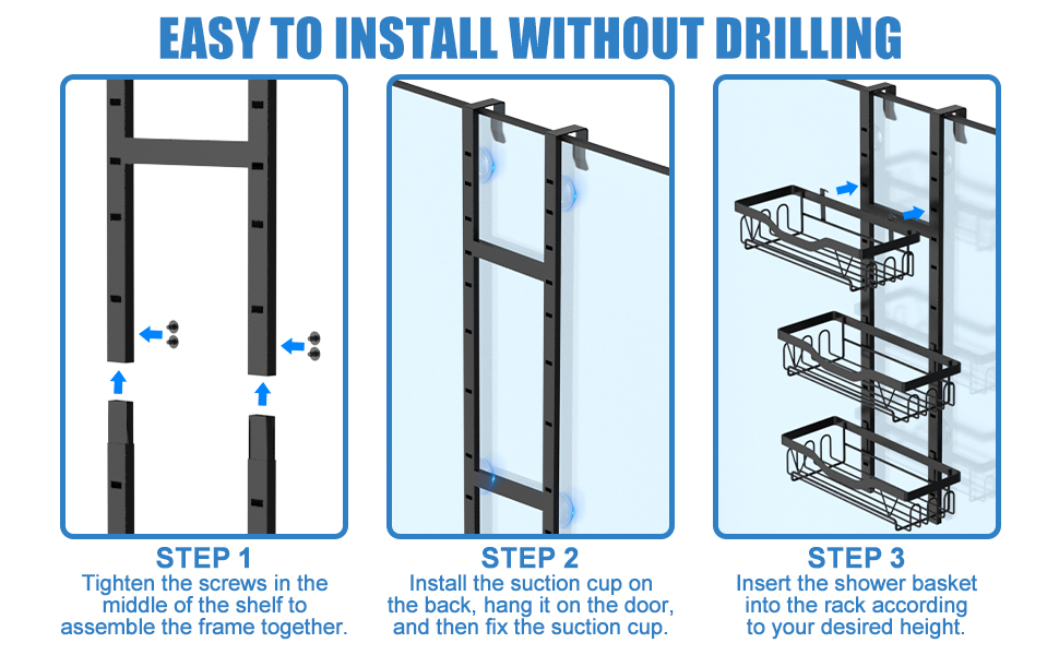 Guide d'installation pour système d'étagères murales. Trois étapes sont illustrées : assemblage du cadre, fixation à la porte et insertion des paniers. Souligne « Facile à installer sans percer