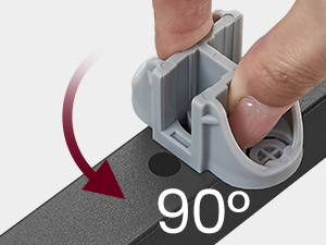 Le texte indique « 90° ». Schéma d'instructions montrant un mouvement de rotation ou de rotation avec indicateur en forme de flèche.