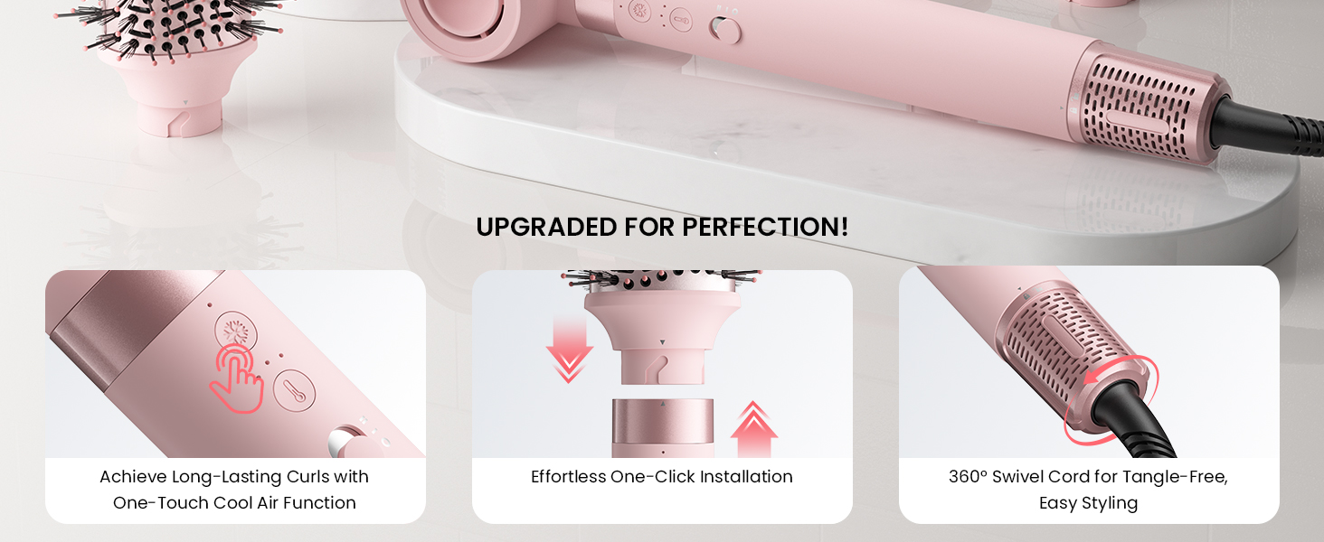 Le texte indique « AMÉLIORÉ POUR LA PERFECTION ! » Démonstration de produit en trois panneaux montrant un outil de beauté rose avec des détails rapprochés de ses caractéristiques.