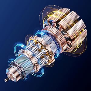 Dispositif mécanique complexe avec de multiples composants cylindriques, des engrenages et des effets de lumière bleue brillante. Semble être un instrument industriel ou scientifique de haute technologie.