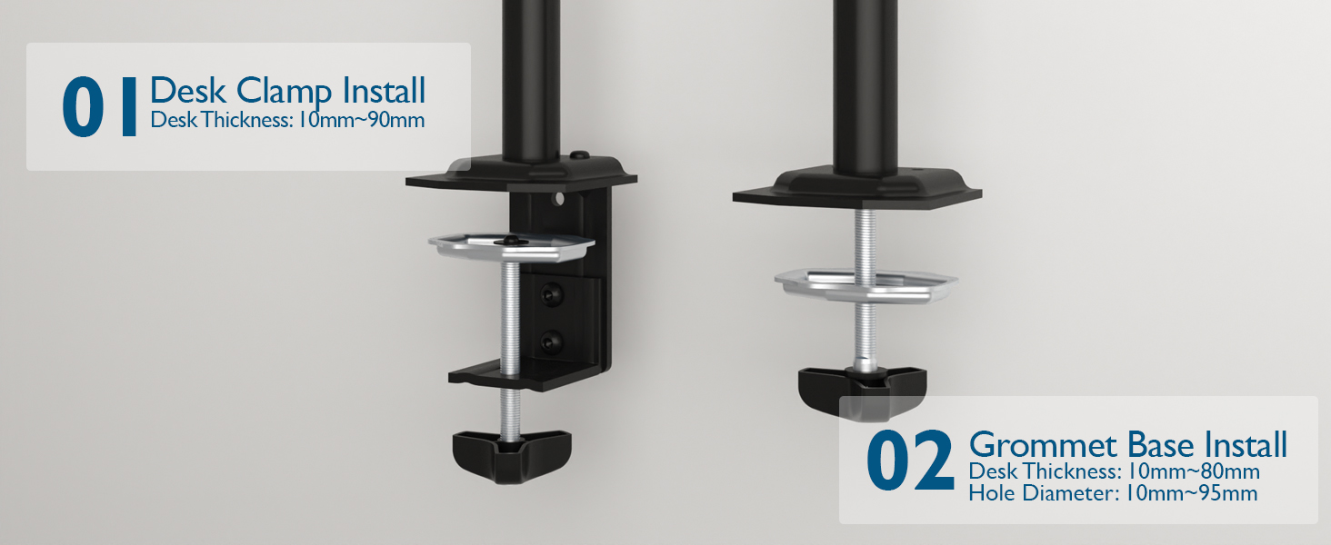 Deux méthodes d'installation des pinces de bureau : « 01 Installation de la pince de bureau » avec une pince en C et « 02 Grommet Base Install » avec un support traversant, les deux supportant des poteaux verticaux
