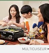 Le texte indique « MULTICUISEUR ». Série d'images montrant des personnes réunies autour d'une table utilisant un appareil de cuisson électrique pour préparer et partager des repas.