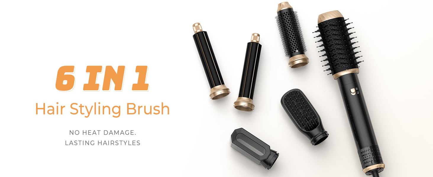 comprenant de multiples accessoires, notamment des brosses cylindriques et des peignes droits. L'ensemble comprend des composants noirs et dorés pour des options de coiffure polyvalentes