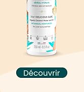 Récipient à produits cylindrique blanc aux accents turquoises sur lequel figure le texte « Un soin délicieux 3 en 1 » et un bouton « Découvrir »