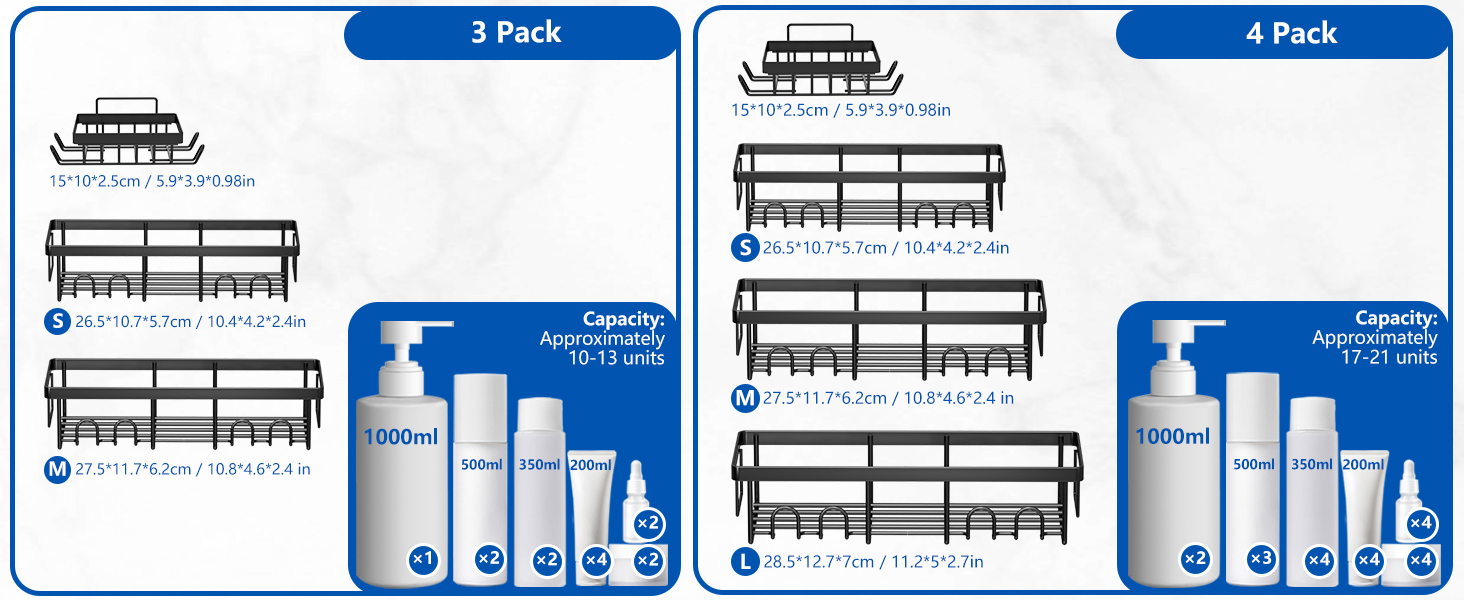 Comparaison des paniers de douche en paquets de 3 et 4 avec étagères réglables. Comprend une référence de taille de bouteille indiquant des contenants de 1000 ml, 400 ml, 300 ml, 100 ml et 50 ml pour la visualisation