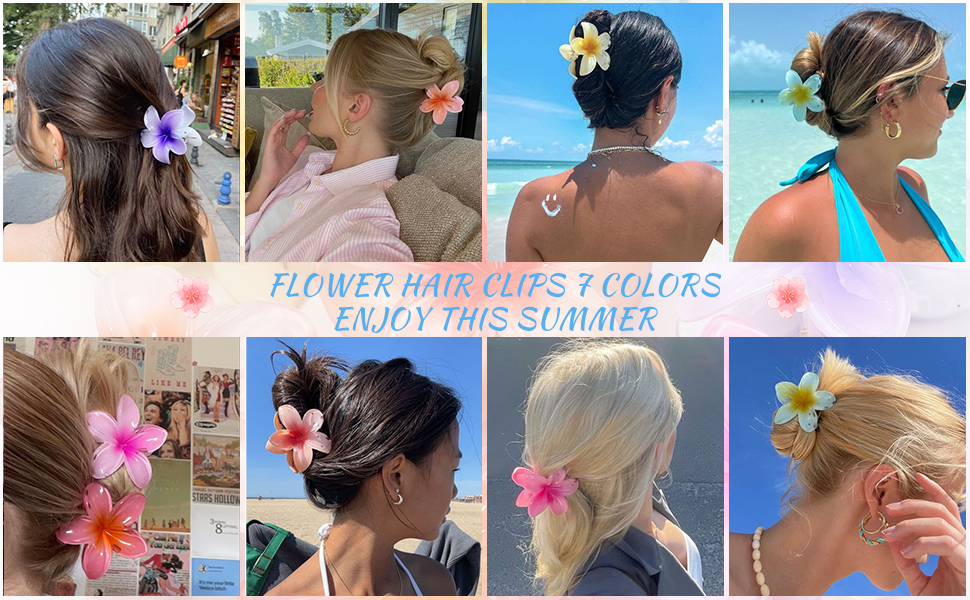 Collection de huit photos montrant différentes coiffures ornées de fleurs tropicales de différentes couleurs, illustrant les options de coiffure estivales