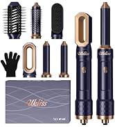 Ensemble d'outils de coiffure dans une palette de couleurs bleu marine et or, comprenant plusieurs accessoires de brosse, un gant de protection et deux unités de coiffage principales dans une présentation luxueuse.