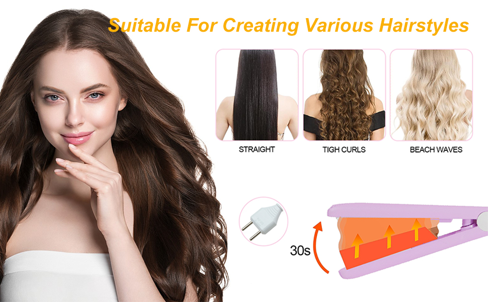 présentant trois options de coiffure : boucles droites et texturées et vagues de plage, avec schéma de l'élément chauffant ci-dessous.